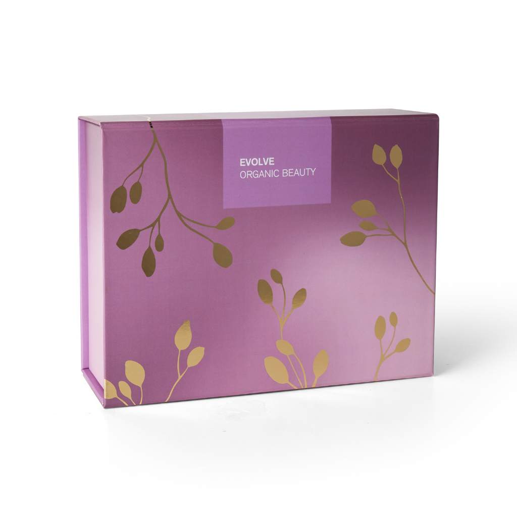 evolve organic beauty purple gift box with gold leaves