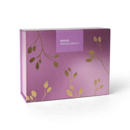 evolve organic beauty purple gift box with gold leaves