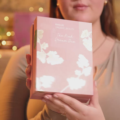 video showing skincare model demonstrating the Pink Dream Duo christmas gift set from evolve organic skincare