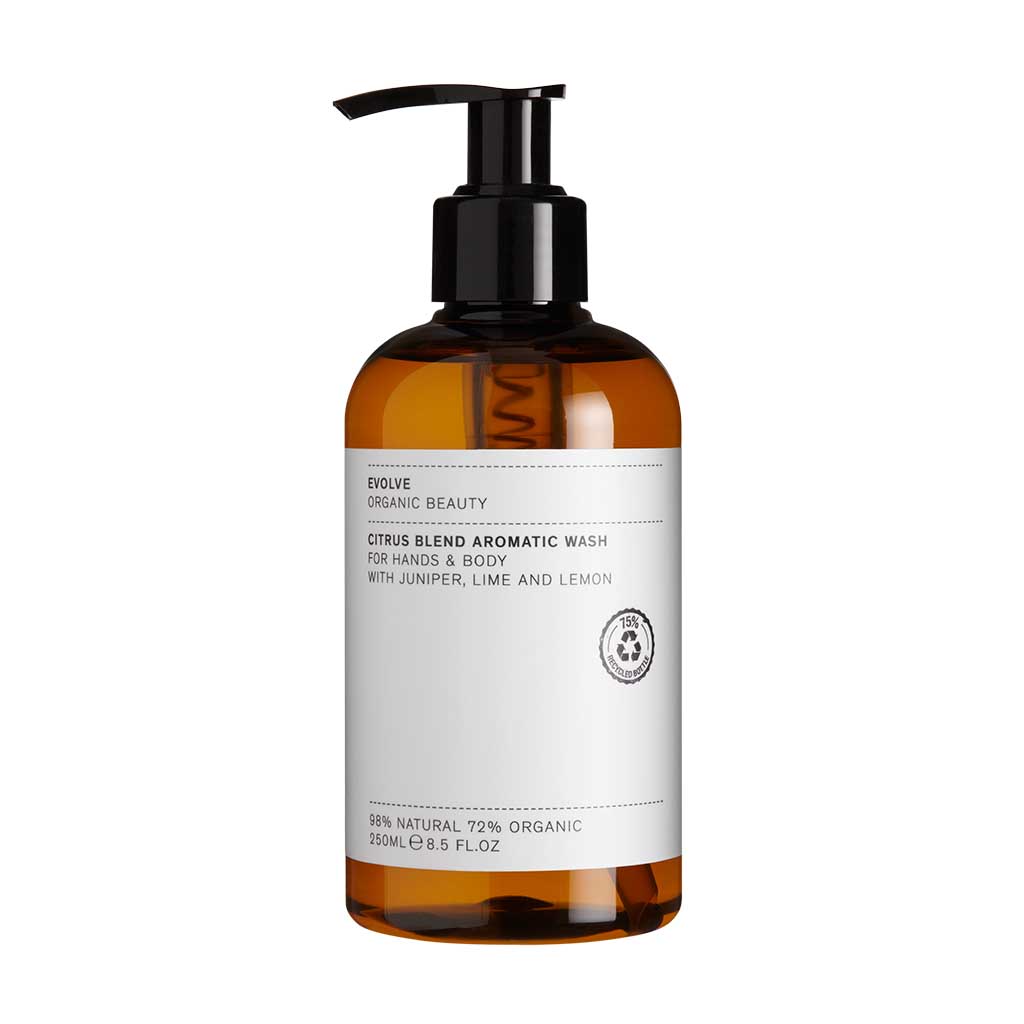 citrus blend aromatic wash organic hand and body wash from evolve organic beauty in recyclable amber plastic bottle