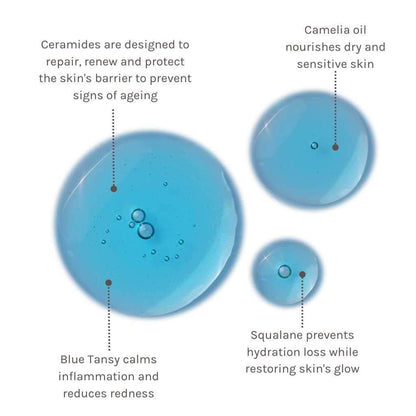 swatch of blue velvet organic ceramide serum with ingredient information about ceramides, camelia oil, blue tansy and squalane