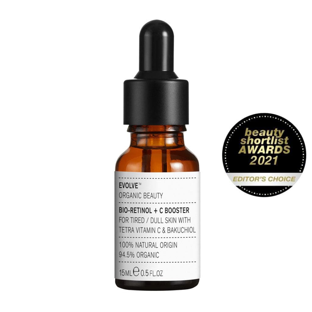 evolve organic skincare vitamin c serum bio-retinol + C Booster with beauty shortlist awards badge
