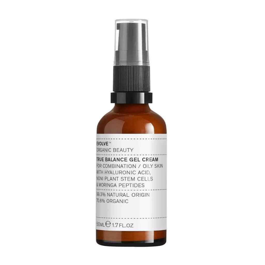 true balance gel cream moisturiser for acne prone skin in amber glass bottle from evolve organic beauty