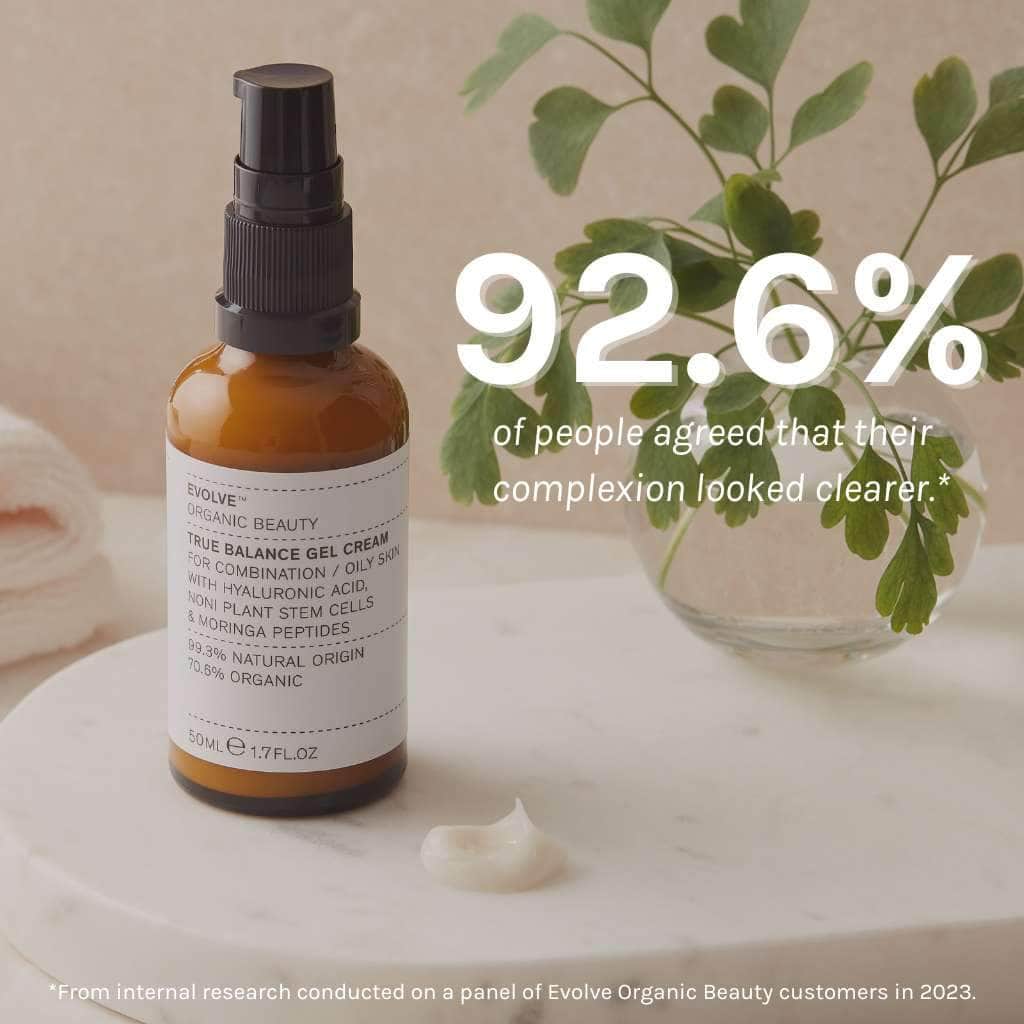 image of true balance gel cream showing result that 92.6% of people had a clearer complexion after using the moisturiser for acne prone skin from evolve organic beauty
