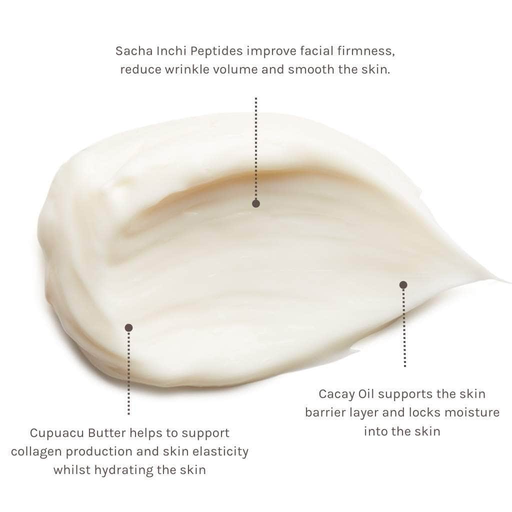evolve organic skincare age defying face cream swatch with ingredient information about sacha inchi peptides, cupuacu butter and cacay oil