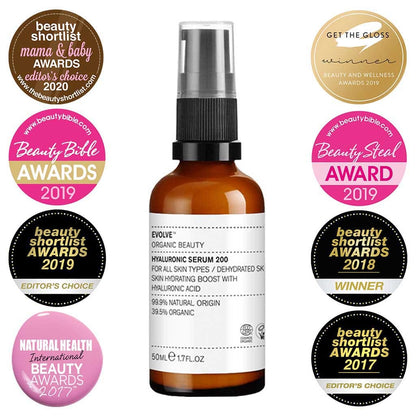 Hyaluronic serum 200 super size hyaluronic acid serum from evolve organic beauty in amber glass bottle with award badges in frame