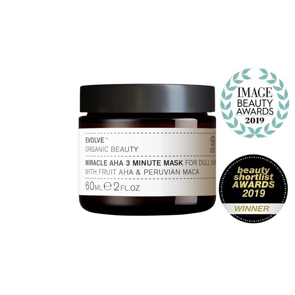 miracle aha 3 minute mask brightening face mask from evolve organic beauty in amber glass jar
