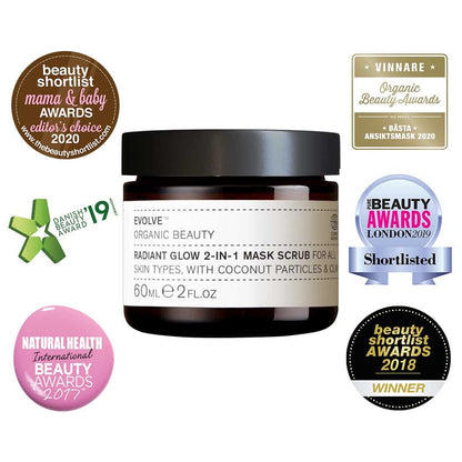radiant glow 2-in-1 mask scrub evolve organic beauty exfoliating chocolate face mask in amber glass jar with award winner badges around it